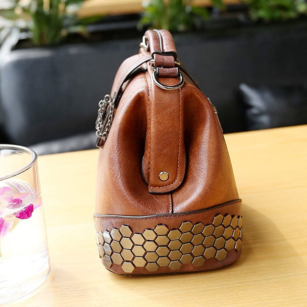 Women Handbag Leather Small Doctor Bag Women Shoulder Bag Female Crossbody Handbag Lock Chain Rivets Girls Vintage Women Bags