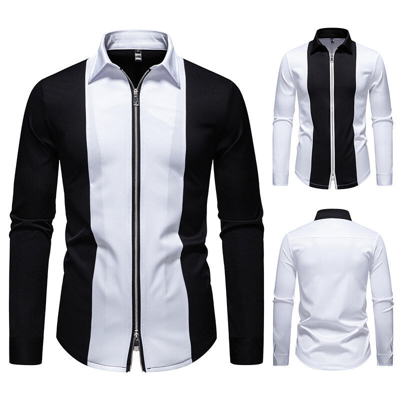 Color Block Zipper Design Plus Size Long Sleeve Shirt