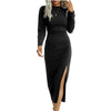 Solid Colour Round Neck Slim Fit Long Sleeve Split Temperament Dress