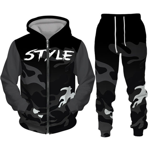 Men's Camouflage Print Zipper Hoodie Pants Set
