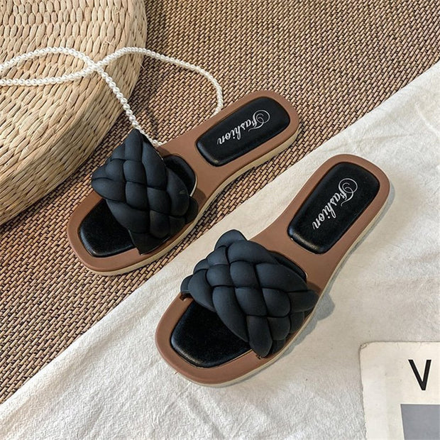 Flat Square Toe Fake Woven Korean Sandals