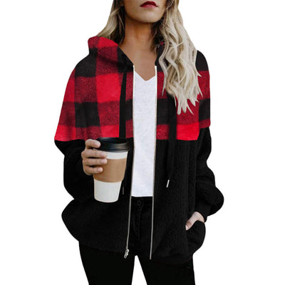 Plaid Color Matching Plush Hooded Sweater Zipper Jacket