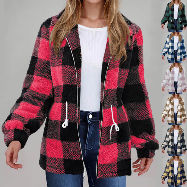 Women's Long-sleeved Plaid Lapel Zipper Plush Coat