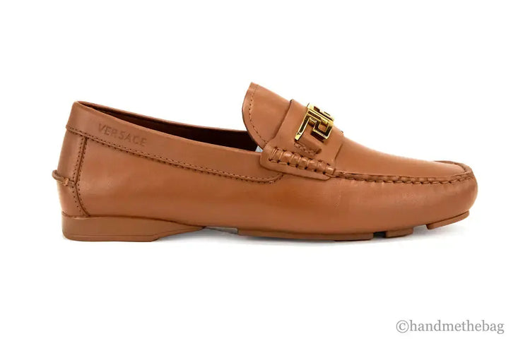 Versace Warm Brown Leather Gold Greek Key Driver Loafers Douson Odeh