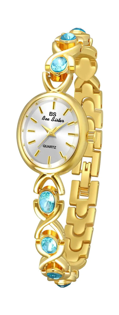 FANMIS Gold Watches for Women with Small Vintage Bracelet Elegant Jade Oval Dial Dress Watch Fashion Quartz Wrist Watch Waterproof Watch (A Gold Blue)