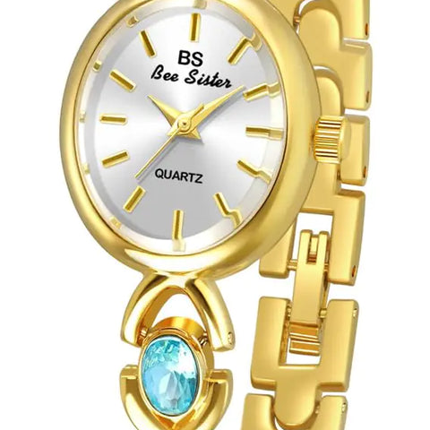 FANMIS Gold Watches for Women with Small Vintage Bracelet Elegant Jade Oval Dial Dress Watch Fashion Quartz Wrist Watch Waterproof Watch (A Gold Blue)