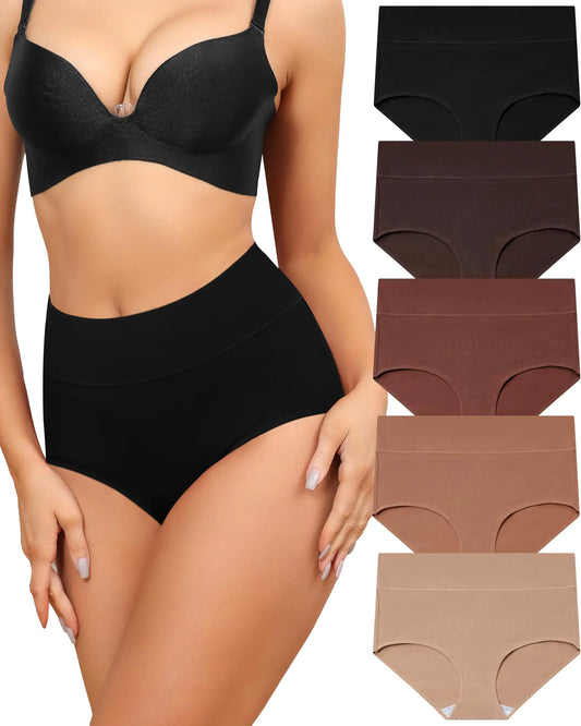 LEVAO Womens High Waist Cotton Underwear Soft Comfy Brief Stretch Ladies Full Coverage Panties 5 Pack S-XXL