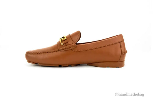 Versace Warm Brown Leather Gold Greek Key Driver Loafers Douson Odeh