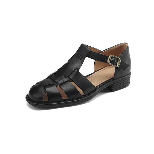 Round Toe Low Heel Leather French Retro Roman Sandals Flat Women's