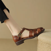 Round Toe Low Heel Leather French Retro Roman Sandals Flat Women's