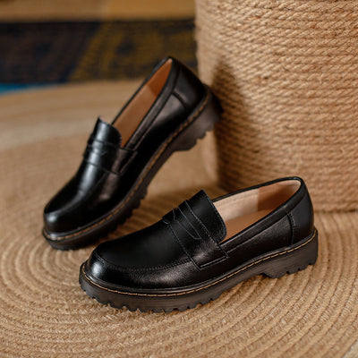 Round Head Thick Low Heel Leather Shoes Women