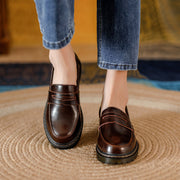 Round Head Thick Low Heel Leather Shoes Women