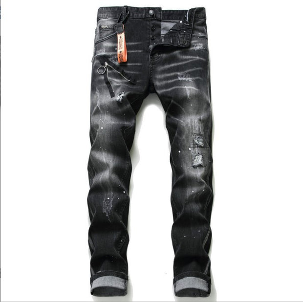 Black And Gray Paint Hole Zipper Decorations Personality Jeans Men