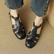 Round Toe Low Heel Leather French Retro Roman Sandals Flat Women's