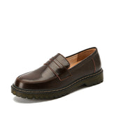 Round Head Thick Low Heel Leather Shoes Women