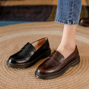 Round Head Thick Low Heel Leather Shoes Women