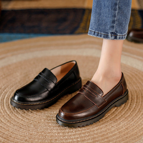 Round Head Thick Low Heel Leather Shoes Women