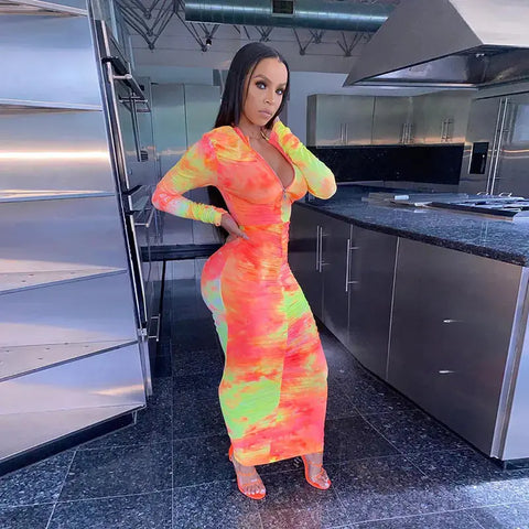 Autumn Digital Print Long Sleeve Bodycon Dress for Women Douson Odeh