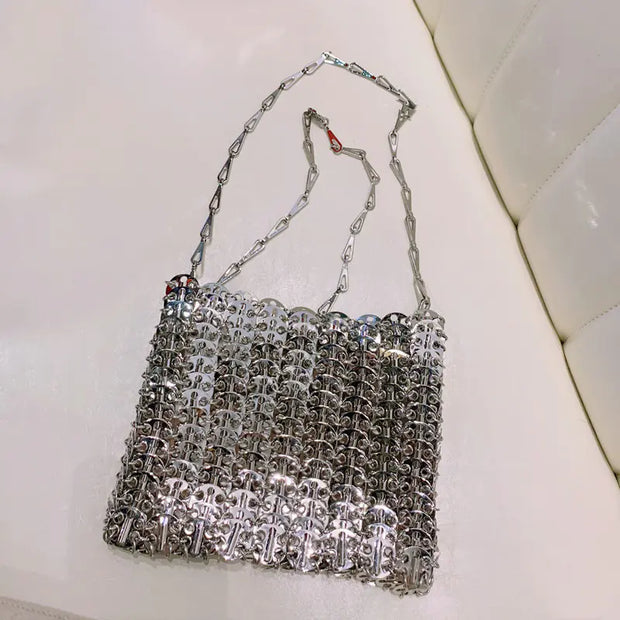 Designer Silver Sequin Woven Evening Clutch Bag for Women