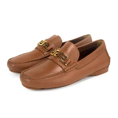 Versace Warm Brown Leather Gold Greek Key Driver Loafers Douson Odeh