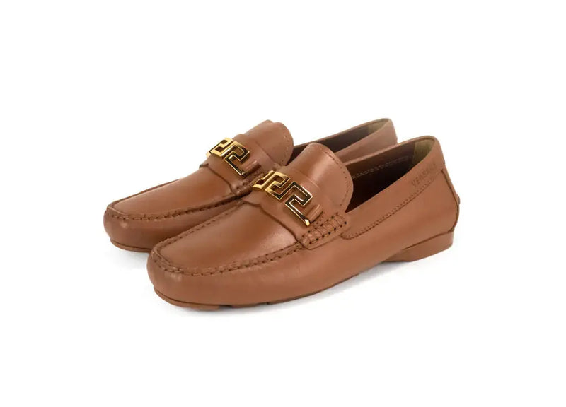 Versace Warm Brown Leather Gold Greek Key Driver Loafers Douson Odeh