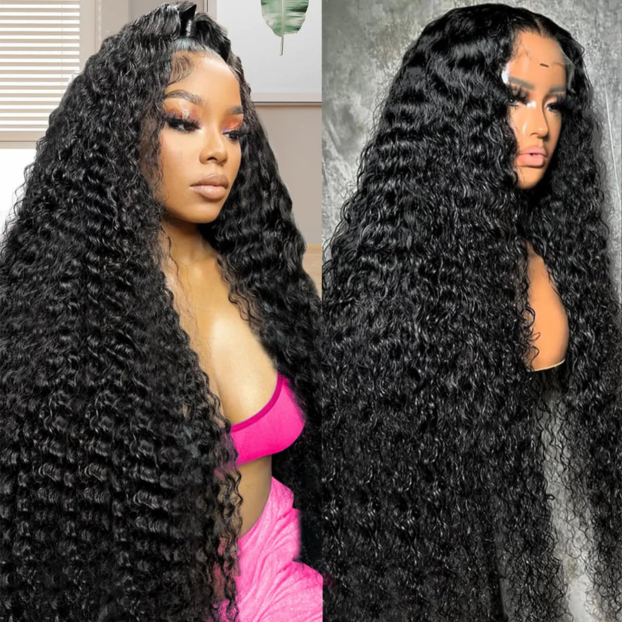 hoilym 34 Inch Deep Wave Lace Front Wigs Human Hair 13x4 HD Lace Front Wigs Human Hair Pre Plucked Deep Wave Wig Curly Wet And Wavy Human Hair Wig HD Lace Frontal Glueless Wigs For Women 180 Density