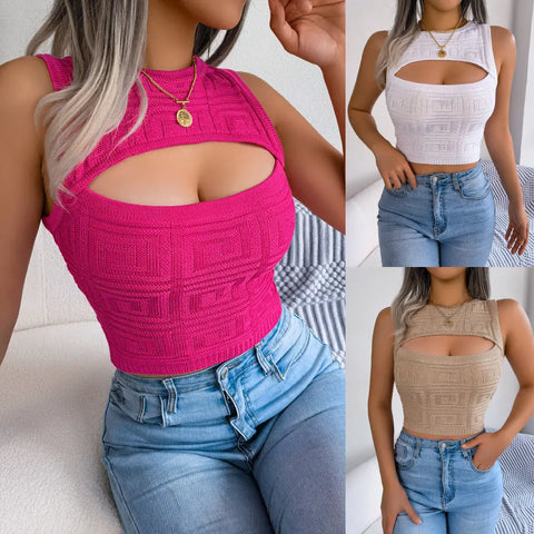 Fashion Tops Summer Hollow Out Sleeveless Top Cropped Knitted Tank Women Clothes Douson Odeh