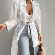 Women's Solid Color Half Sheer Long Sleeve Cardigan With Buttons & Belt - Lightweight Cover-Up For Summer