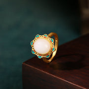 Ancient Gilding Craft Enamel Painted Flower Jade Ring