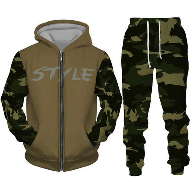 Men's Camouflage Print Zipper Hoodie Pants Set