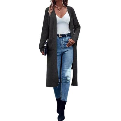 Knitted Pocket Cardigan Long Slit Loose Coat Sweater