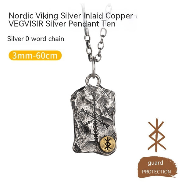 Viking Luen Letter Hammered Pendant Compass Silver Necklace