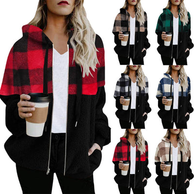 Plaid Color Matching Plush Hooded Sweater Zipper Jacket