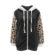 Long-sleeve Zipper Leopard Splicing Hooded Plush Coat For Women
