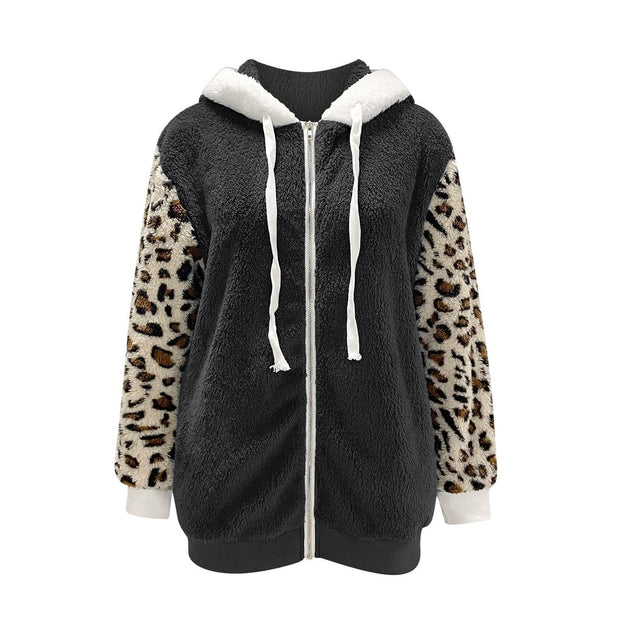 Long-sleeve Zipper Leopard Splicing Hooded Plush Coat For Women