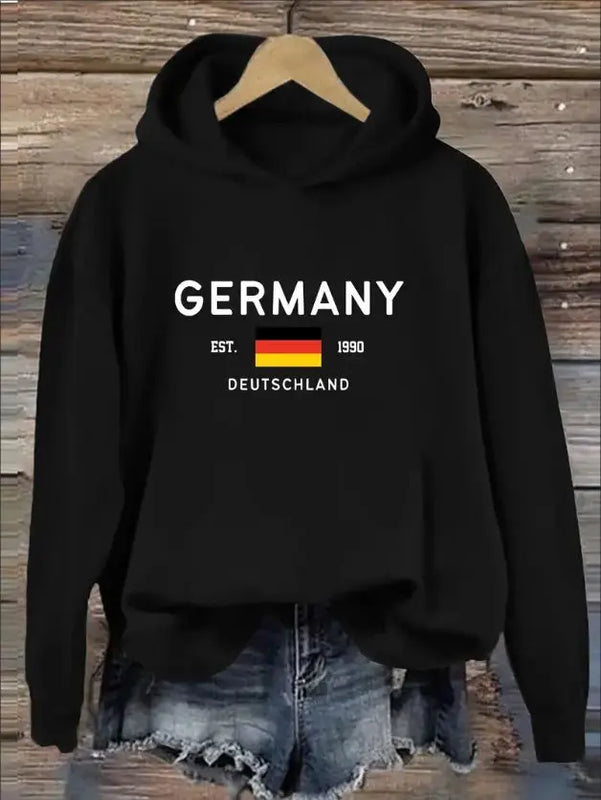Cozy Germany Print Hoodie - Fashion Hoodies For Women - Soft Casual Long Sleeve Sweatshirt For Fall And Winter Seasons, Comfortable Women's Clothing With Relaxed Fit Douson Odeh