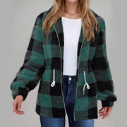 Women's Long-sleeved Plaid Lapel Zipper Plush Coat