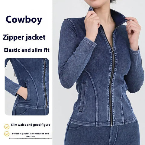 Slim Zippered Yoga Denim Jacket With Pockets High Collar Sports Fitness Outerwear Tops Coat For Women Clothing Douson Odeh