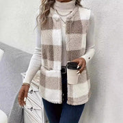 Fashion Casual Pocket Plush Plaid Vest Top