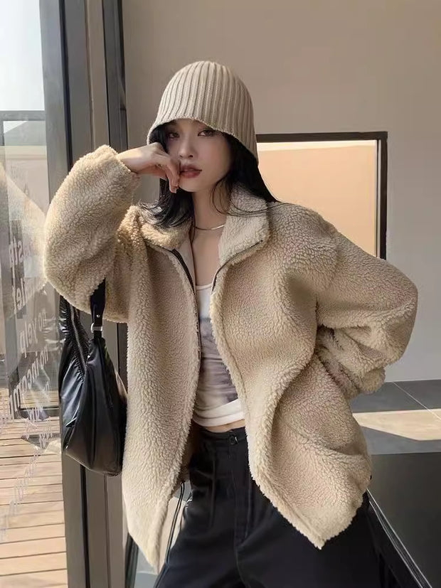 Korean Leisure Simple Stand Collar Loose All-match Lamb Wool Coat