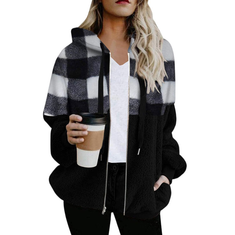 Plaid Color Matching Plush Hooded Sweater Zipper Jacket
