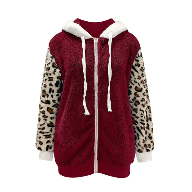Long-sleeve Zipper Leopard Splicing Hooded Plush Coat For Women