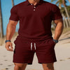 Men's Casual Beach Mesh Lapel Set Summer Comfortable Breathable Loose Solid-Color Sports Short-Sleeved Shirt And Shorts Set