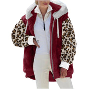 Long-sleeve Zipper Leopard Splicing Hooded Plush Coat For Women