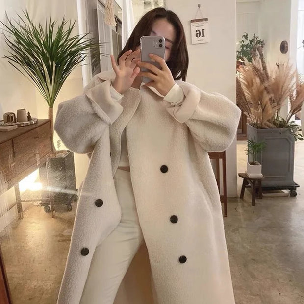 Gentle Elegant Lapel Double-breasted Loose All-match Long-sleeved Lamb Wool Coat