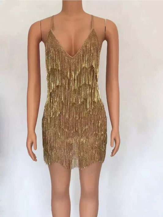 Sexy Deep V Rhinestone Tassel Bulk Evening Gown