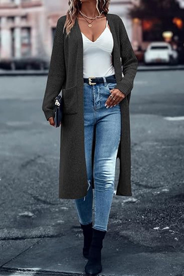 Knitted Pocket Cardigan Long Slit Loose Coat Sweater