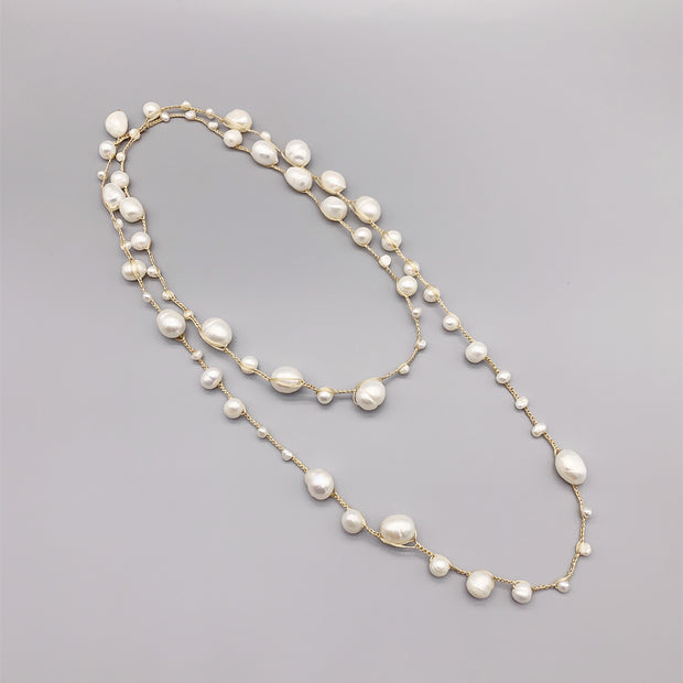 Hand-woven Freshwater White Pearl Necklace Baroque Style Long