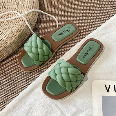 Flat Square Toe Fake Woven Korean Sandals