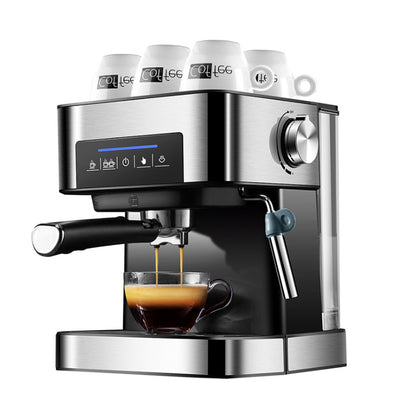 All-in-one espresso machine with milk frother brewing a fresh espresso shot in a glass cup.